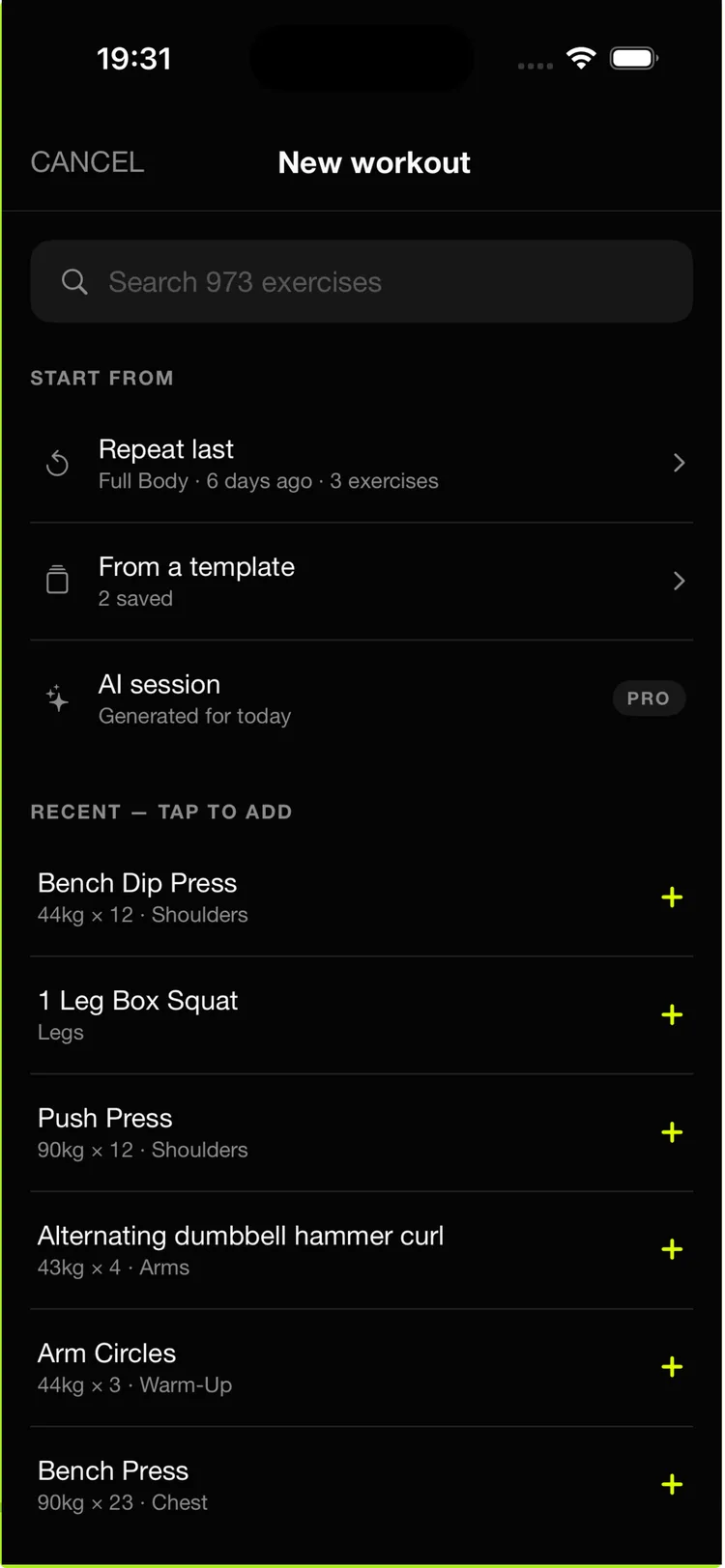 Starting a new workout — search, start from a template, or a recent exercise