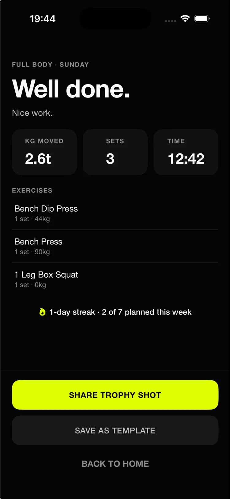 The Well done summary after a workout, ready to share as a Trophy Shot